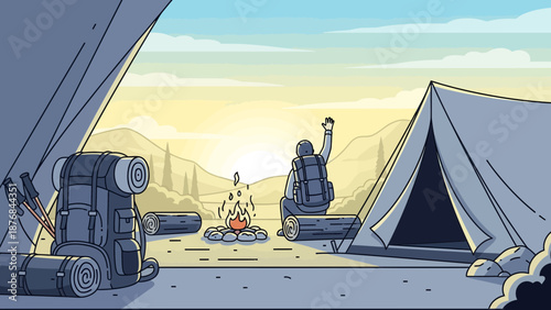 Adventure Awaits: Serene Camping Scene At Sunrise With Mountains And Storytelling Elements