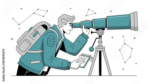 Adventurer Gazing At The Stars Through A Telescope And Recording The Constellations