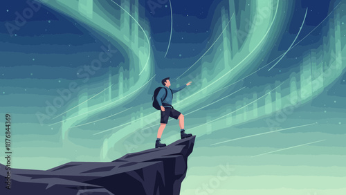 Adventurer Gazing At The Aurora Borealis Standing On A Cliff Edge