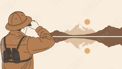 Adventurer Gazing At Reflected Mountains Through Binoculars In Serene Environment