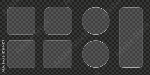 Liquid glass frames and buttons set isolated on transparent background. Vector realistic illustration of glass morphism text boxes, menu windows, search bars, website or mobile app ui design elements