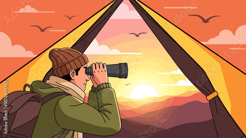 Adventurer Gazing At Mountain Sunrise With Binoculars From Inside Camping Tent