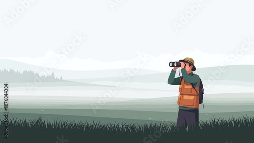 Adventurer Gazing Through Binoculars in Scenic Mountainous Landscape Illustration