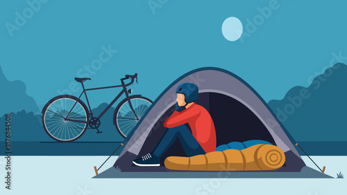 Adventure Biking Trip At Night With Solo Campsite And Cyclist Relaxing