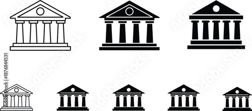 Set of bank and courthouse building icons in outline and solid silhouette styles for finance justice and government concepts.