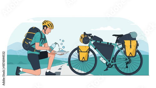 Adventure Cycling Preparing Meal On The Road For Cyclist Tourer Illustration