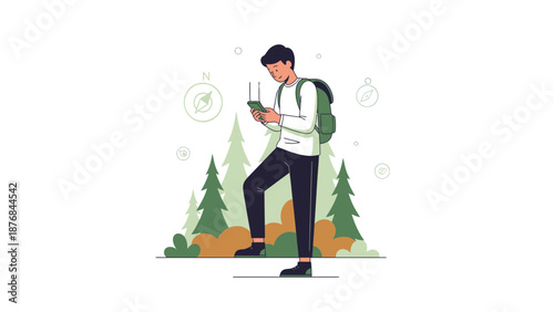 Adventurer Navigating Forest Trails with Modern Technology and Green Backpack