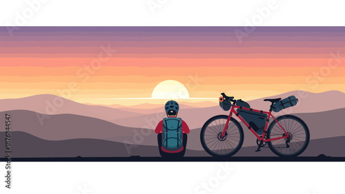 Adventure Cyclist Enjoying Sunset Views On Bike Tour Through Majestic Hills