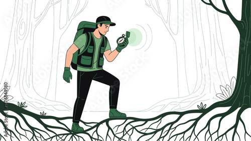 Adventurer Navigating Through Wilderness With Compass In Hand During Hiking Expedition