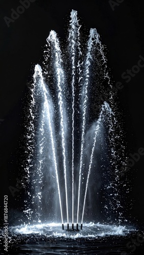 Illuminated Water Fountain Against Black Background In An Outdoor Setting