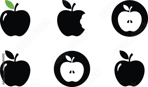 Set of apple fruit silhouettes including bitten half and whole shapes isolated on white for healthy food and snacks.