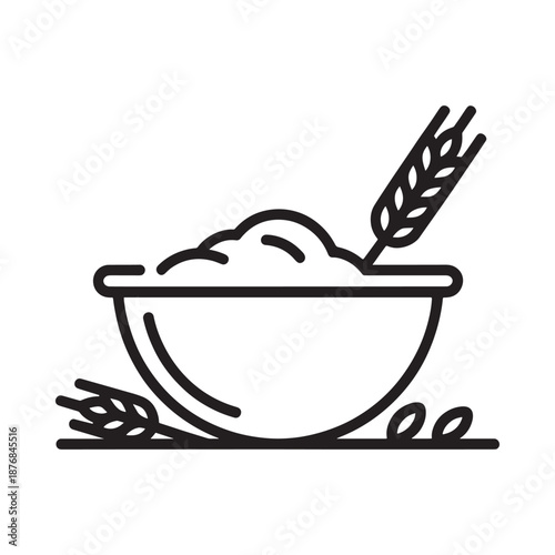 Simple line drawing of a bowl with wheat and flour elements