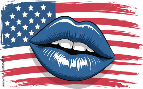 American flag with blue glossy lips vector illustration, for patriotic Fourth of July and fashion design