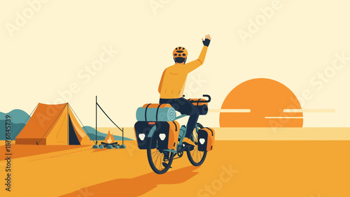 Adventurous Cyclist Camping Under The Sun With Tent And Bonfire In Nature