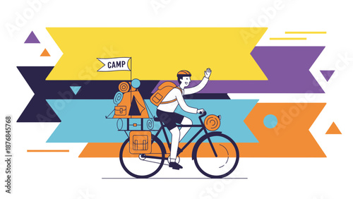 Adventurous Cyclist Embarking on Bicycle Tour with Camping Gear and Cheerful Wave