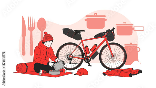 Adventurous Cyclist Enjoys Meal During Bikepacking Tour Illustrative Scene Design