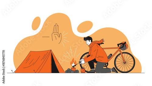 Adventurous Cyclist Lights Campfire On Bike Camping Trip Outdoors Scene