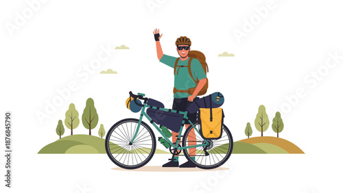 Adventurous Cyclist Greeting On Road Trip Vector Illustration For Commercial Use