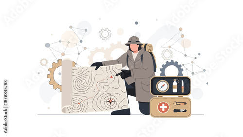 Adventurer Planning Route with Topographic Map and First Aid Kit Elements
