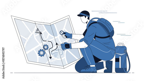 Adventurer Planning The Journey On The Map With Compass And Backpack Ready To Explore