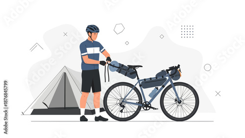 Adventurous Cyclist Prepares For Bike Trip Beside Tent And Mountain Bicycle