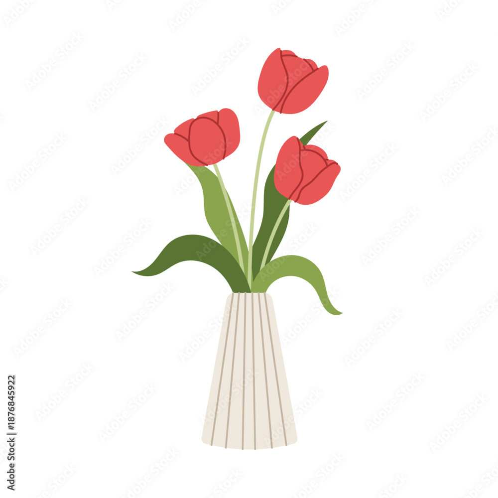 Obraz premium Red tulip flower arrangement in ceramic vase, spring floral home decor