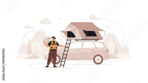 Adventurer Prepares For Overland Camping Trip On Roof Tent Top The Car