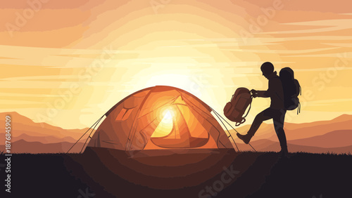 Adventurer Prepares For A Sunrise Trekking Expedition Near His Tent