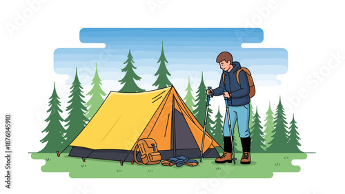 Adventurer Prepares For An Expedition Surrounded By Nature And A Yellow Tent