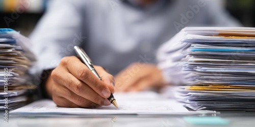 Close-up of a person signing documents amidst stacks of paper.