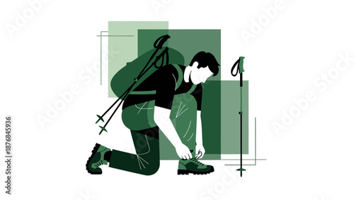 Adventurer Prepares For Trekking Tying Shoe Laces Outdoors On Knees Backpacking