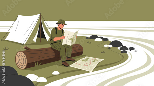 Adventurous Explorer Navigating Wilderness At Campsite With Route Map