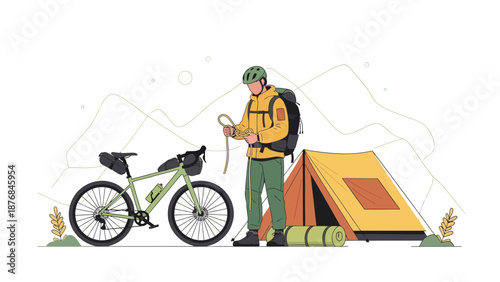 Adventurer Prepares Gear Near Tent With Bicycle In The Wilderness