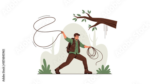 Adventurer Prepares To Swing Across Jungle Gorge With Confidence Using His Whip