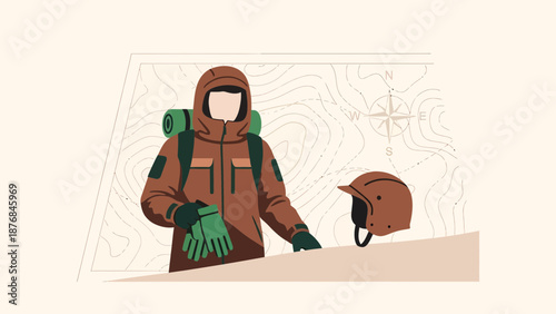 Adventurer Preparing For Expedition Surrounded By Map And Gear Illustration