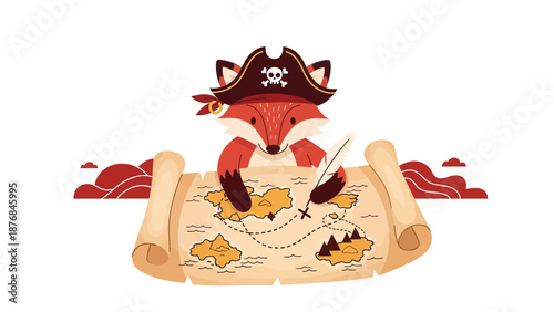 Adventurous Fox Captain Plotting Treasure Island Locations On Ancient Map