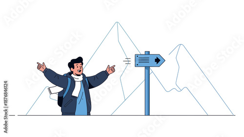 Adventurer Reaching Mountain Path Destination Following Navigation Sign in Vector Illustration