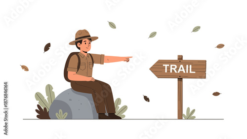 Adventurer Resting By Trail Sign On Outdoor Hiking Journey Destination