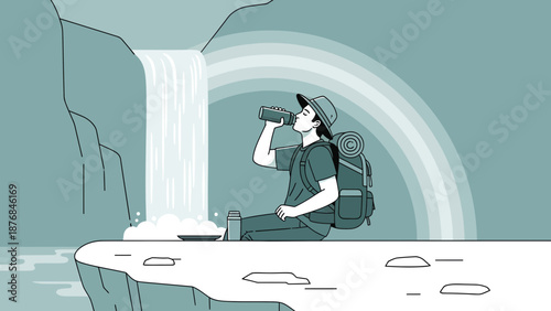 Adventurer Resting Near Waterfall Admiring Nature After Hike