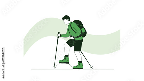 Adventurous Hiker Climbing Up a Hill with Trekking Poles and Backpack