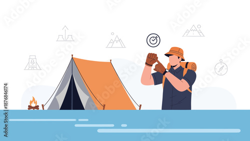 Adventurous Hiker Checking Time Near Campsite Enjoying Nature and Recreation Outdoors