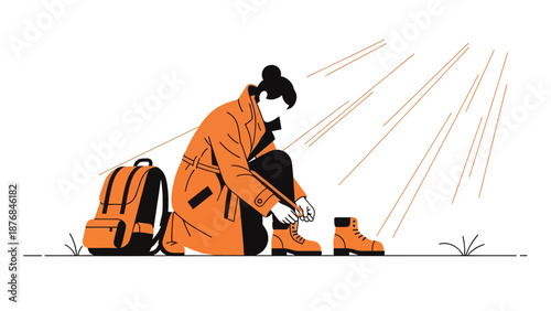 Adventurer Securing Hiking Bootlaces For Autumn Trip Outdoors Under Bright Sunlight