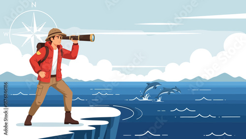 Adventurer Searches The Sea With Telescope From Cliffside For Distant Lands
