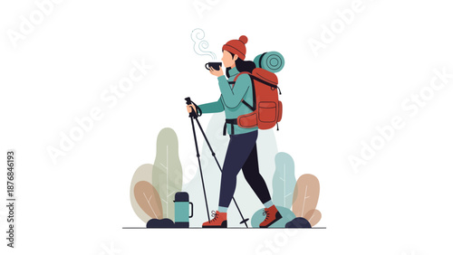 Adventurous Hiker Enjoys Hot Beverage On A Calm Morning Hike In Nature