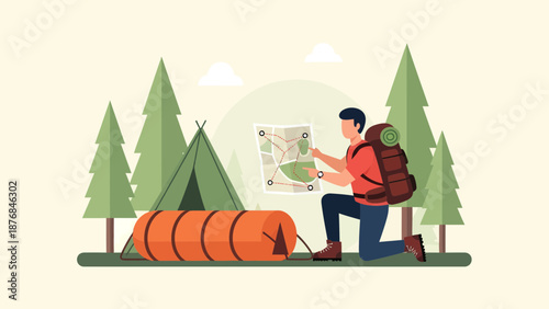 Adventurous Hiker Navigating With Map During Wilderness Camping Expedition