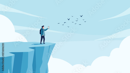 Adventurer Taking Smartphone Picture On Cliff Edge Overlooking Scenic Cloudscape