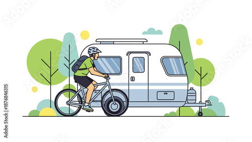Adventurer Touring With Bicycle And Travel Trailer In A Nature Landscape