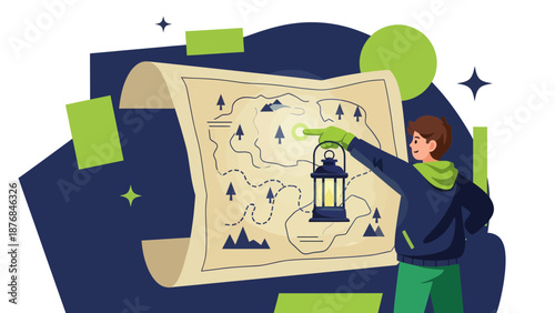Adventurer Tracing Destination On An Old Treasure Map With A Lantern