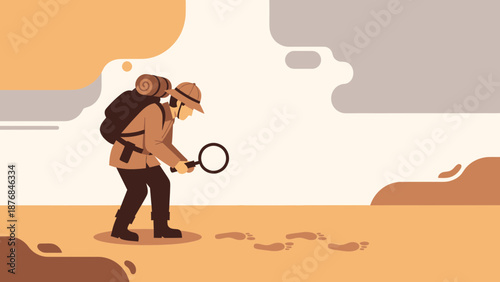 Adventurer Tracking Footprints With Magnifying Glass In Desert Landscape