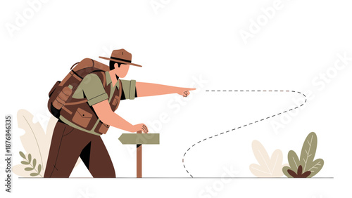 Adventurous Hiker Navigating with Signpost on Travel Route Destination Guide